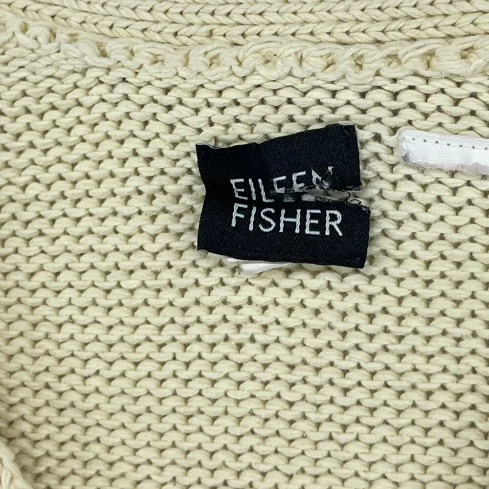 EILEEN FISHER Sweater S Cotton Chunky V-Neck Rolled Hem Pullover Off White VTG